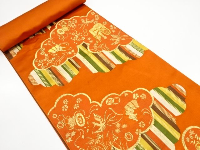 JAPANESE KIMONO / FABRIC BOLT FOR NAGOYA OBI / SILK / WOVEN CLOUDS & CARRIAGE & PHOENIX & DRUM
